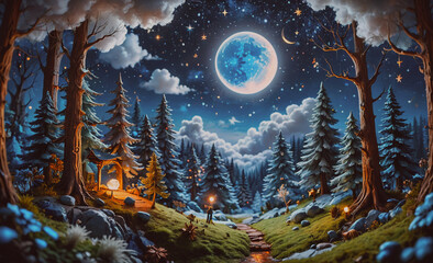 Wall Mural - a beautiful night sky with a large blue moon and stars. the moon is in the center of the sky and is 