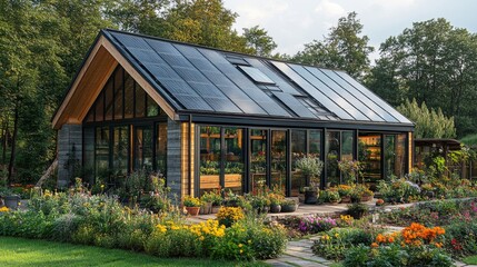 Poster - A spacious greenhouse with solar panels is nestled among colorful flower beds, showcasing a variety of plants and greenery in a peaceful outdoor environment.