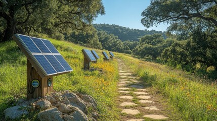 Wall Mural - A peaceful pathway is bordered by several solar panels, surrounded by vibrant green grass and colorful wildflowers under a clear blue sky, reflecting the bright morning light.