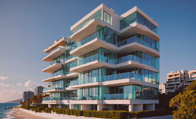 Poster - A large white building with a blue tint and a glass facade. The building is located near the ocean and has a modern design