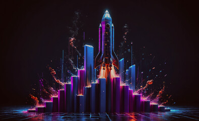 Poster - A colorful cityscape with a rocket in the middle. The rocket is surrounded by buildings and the cityscape is full of bright colors. Scene is energetic and futuristic