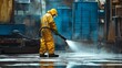 © Saowanee - A professional cleaner in safety equipment washes down the outside area of a factory using a powerful high-pressure hose.