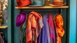 © YudhoStd - A vibrant display of hats and colorful shawls hanging on a rack.