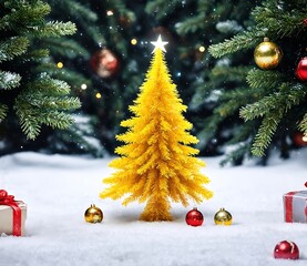 Wall Mural - Yellow Christmas tree with colorful balls.