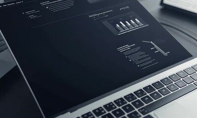Dark Mode Laptop Display Showing Business Analytics and Data Charts