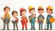 © 楠 刘 - Cartoon image of workers in overalls renovating and painting walls, with a clean white background. The workers are focused on their tasks, showcasing a work environment for home or office renovation.