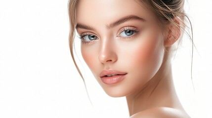 Wall Mural - stunning close-up portrait of a beautiful young woman with gorgeous blue eyes and radiant skin illum