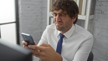 Wall Mural - Young man in office checking phone with focused expression sitting by window in bright modern workspace