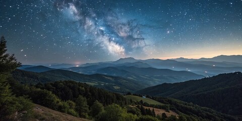 Wall Mural - A breathtaking panoramic view of a starry night sky with a range of mountains and hills in the distance, shadows, stars