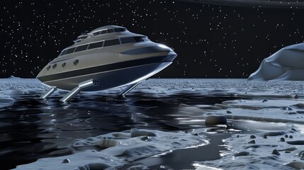 Wall Mural - a futuristic spacecraft hovers above the icy surface of uranus, with distant stars and faint rings v