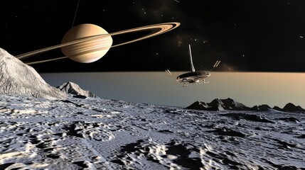 Wall Mural - a futuristic spacecraft hovers above the icy surface of uranus, with distant stars and faint rings v
