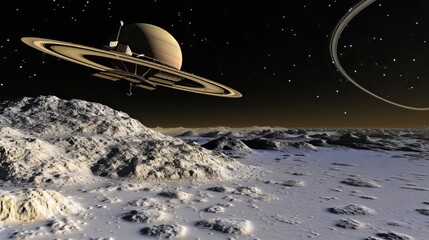 Wall Mural - a futuristic spacecraft hovers above the icy surface of uranus, with distant stars and faint rings v