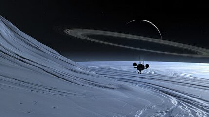 Wall Mural - a futuristic spacecraft hovers above the icy surface of uranus, with distant stars and faint rings v