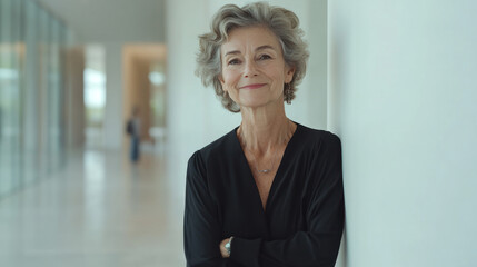 Wall Mural - French senior business woman standing at office after budget meeting