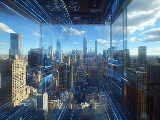 Leinwandbilder - Futuristic city view through a digital cube, showcasing skyscrapers and a bright sky.