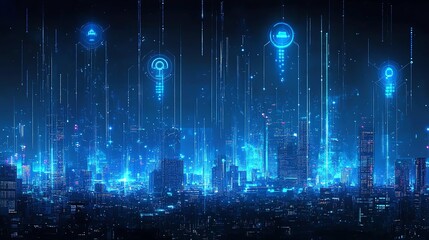 Fototapete - Futuristic cityscape at night with glowing digital icons and data streams.