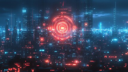 Fototapete - Futuristic cityscape at night with glowing red and blue holographic interface.