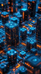 Leinwandbilder - Futuristic cityscape rendered in vibrant blue and orange hues, resembling a complex circuit board.