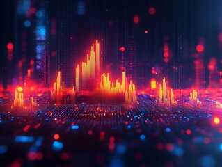 Fototapete - Futuristic cityscape rendered in vibrant red, orange, and blue hues, depicting digital data streams and glowing buildings.