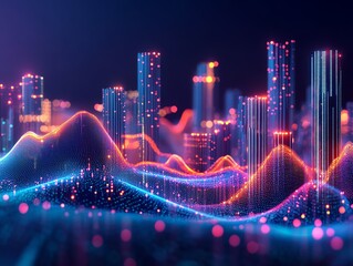 Aufkleber - Futuristic cityscape with glowing data waves.
