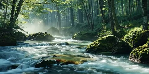 Wall Mural - Crystal clear river flowing through a dense forest, 4K , Video