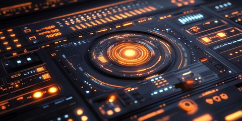 Fototapete - Futuristic digital interface with glowing orange and blue lights, close-up view of a complex control panel.