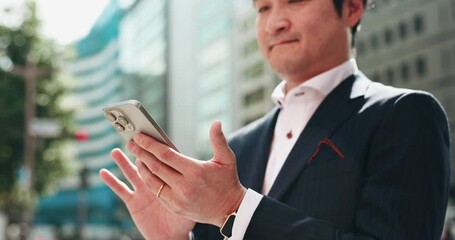 Hands, phone and business man in street, texting and reading for negotiation, deal and chat in city. Person, smartphone and scroll with mobile app, notification or networking on urban road in Japan