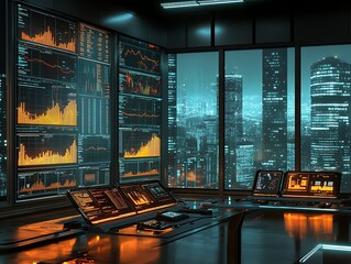 Leinwandbilder - Futuristic trading room with city view at night, featuring multiple monitors displaying financial data and graphs.