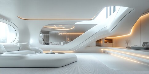 Aufkleber - Futuristic white interior design with curved walls, a flowing staircase, and large windows offering natural light, creating a spacious and modern living area.