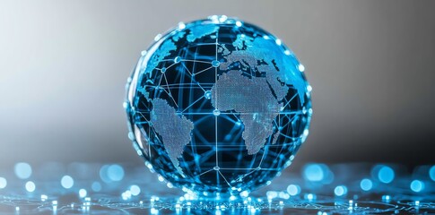 Global network connection, digital earth, world map, illuminated glass sphere.