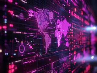 Leinwandbilder - Global network data visualization, digital world map with glowing pink nodes and lines.
