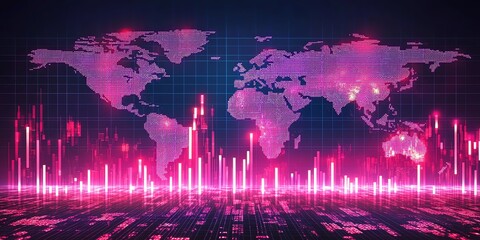 Aufkleber - Global network, digital world map with glowing pink data streams.
