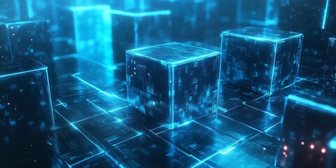 Leinwandbilder - Glowing blue digital cubes on a circuit board.