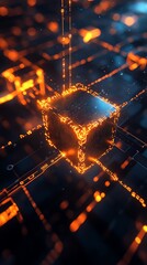 Leinwandbilder - Glowing cube on a digital circuit board, abstract technology background.