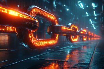 Aufkleber - Glowing metallic chain links in a dark, futuristic setting.