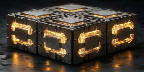 Aufkleber - Glowing metallic cube, modular design, futuristic technology.