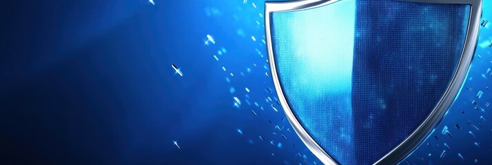 Poster - A digital shield design with a blue background, symbolizing protection and security.
