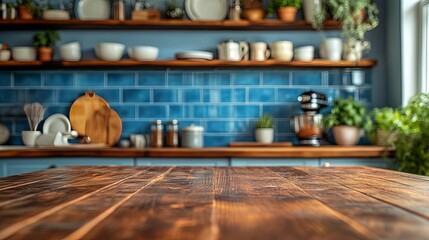 Wall Mural - Rustic Wooden Tabletop Blurs Kitchen Background