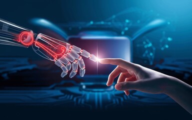 Wall Mural - a futuristic, symbolic illustration of a human hand reaching out to touch a robotic hand made of glo