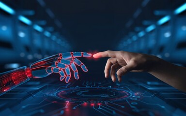 Wall Mural - a futuristic, symbolic illustration of a human hand reaching out to touch a robotic hand made of glo