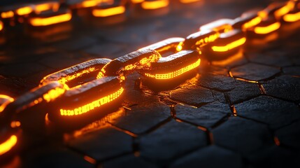 Aufkleber - Glowing orange chain links on dark hexagonal surface.