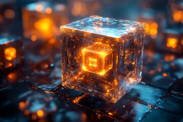 Aufkleber - Glowing orange cube inside a transparent cube on a dark surface.