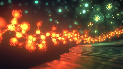 Aufkleber - Glowing orange molecular chain swirls near a reflective surface, with teal and green bokeh lights in the background.