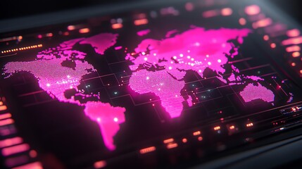Fototapete - Glowing pink world map displayed on a futuristic digital screen.