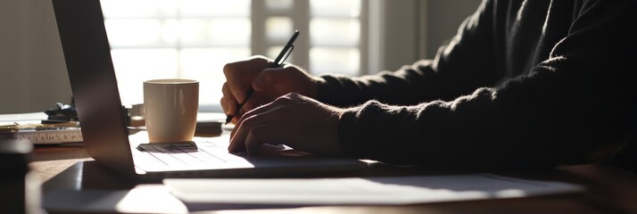 Poster - A person writing notes on a laptop with a coffee cup nearby in a cozy workspace.