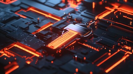 Fototapete - A close-up of a futuristic circuit board illuminated with vibrant red lights.