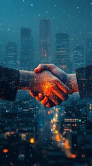 Fototapete - Handshake over glowing city at night, symbolizing partnership and collaboration.