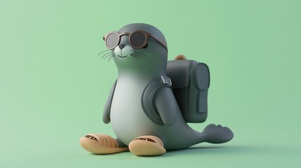 Wall Mural - A cartoon seal wearing sunglasses and a backpack, ready for an adventure.