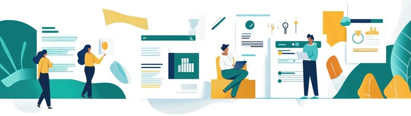 Poster - A colorful illustration depicting people engaged in various tasks related to data and analysis.