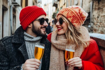 Wall Mural - A couple joyfully clinks their beer glasses, celebrating their love on Valentine's Day, surrounded by a romantic ambiance and festive decorations.